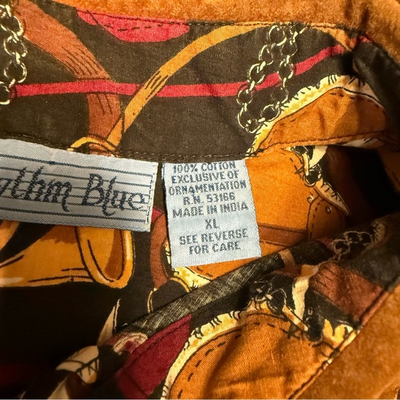Vtg 90s Rhythm Blue Equestrian Shirt Fx Velvet Collar Horse Saddle Horn Print XL - Picture 8 of 15